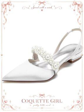 Satin Pearls Pointed Toe Slingback Flats Wedding Shoes